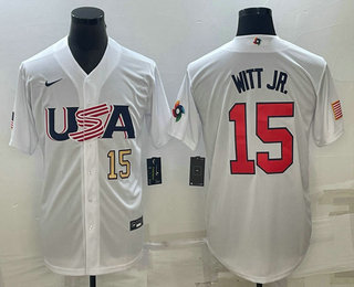Mens USA Baseball #15 Bobby Witt Jr Number 2023 White World Baseball Classic Replica Stitched Jersey,We sell and wholesale Mens USA Baseball #15 Bobby Witt Jr Number 2023 White World Baseball Classic Replica Stitched Jersey on line form chian!